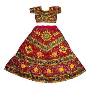 New Burgundy Cotton Banjara Chaniya Choli from Rajasthan with Beads Embroidery